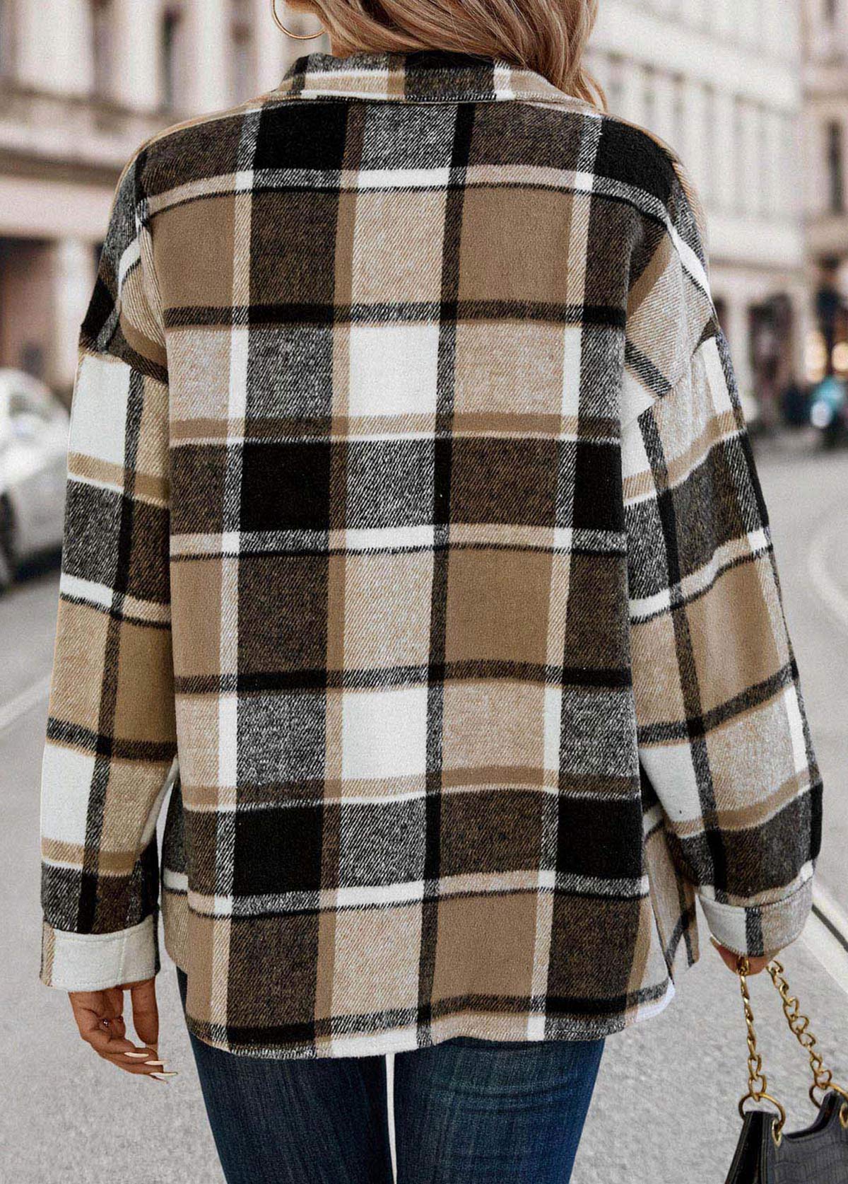 Light Coffee Patchwork Plaid Long Sleeve Blouse