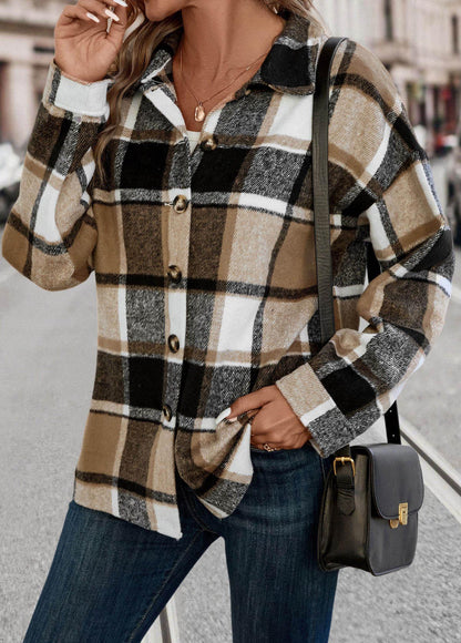 Light Coffee Patchwork Plaid Long Sleeve Blouse