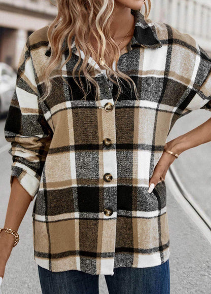 Light Coffee Patchwork Plaid Long Sleeve Blouse