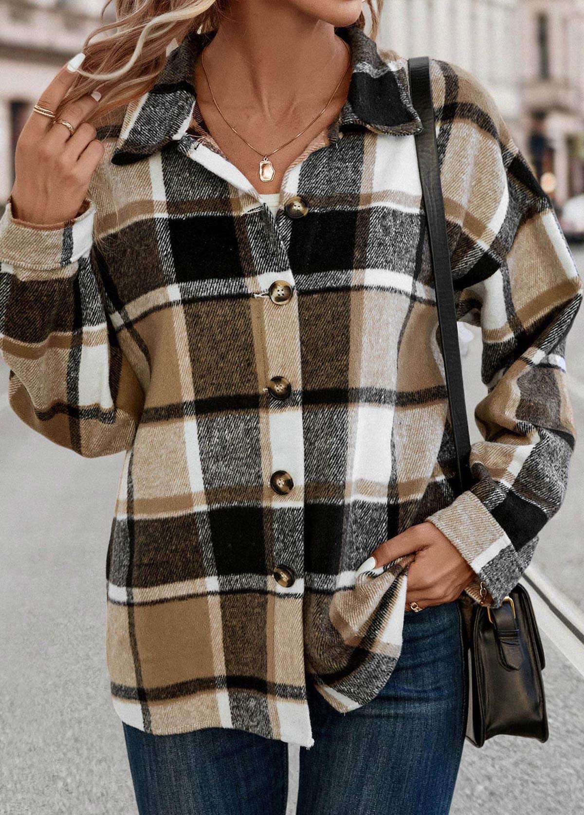 Light Coffee Patchwork Plaid Long Sleeve Blouse