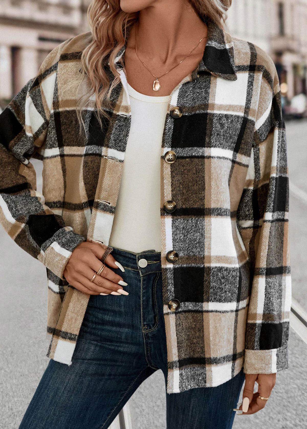 Light Coffee Patchwork Plaid Long Sleeve Blouse