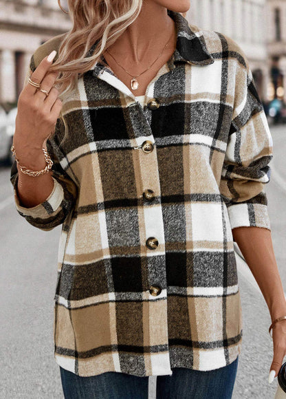 Light Coffee Patchwork Plaid Long Sleeve Blouse