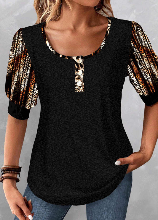 Black Patchwork Leopard Half Sleeve Scoop Neck Blouse