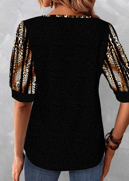 Black Patchwork Leopard Half Sleeve Scoop Neck Blouse