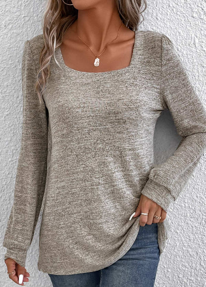 Light Camel Ruched Long Sleeve Square Neck T Shirt