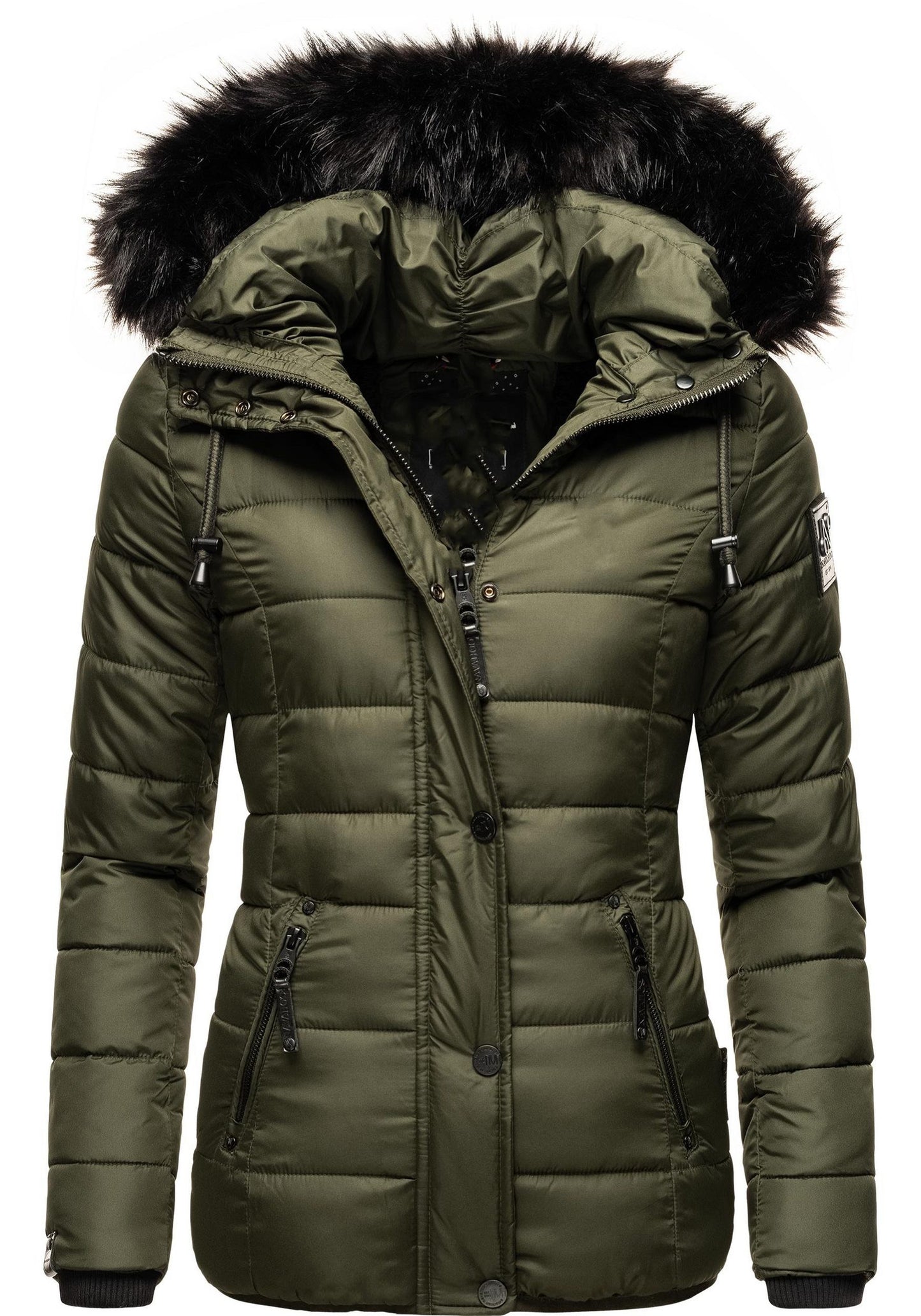 Fashion quilted jacket with faux fur hood