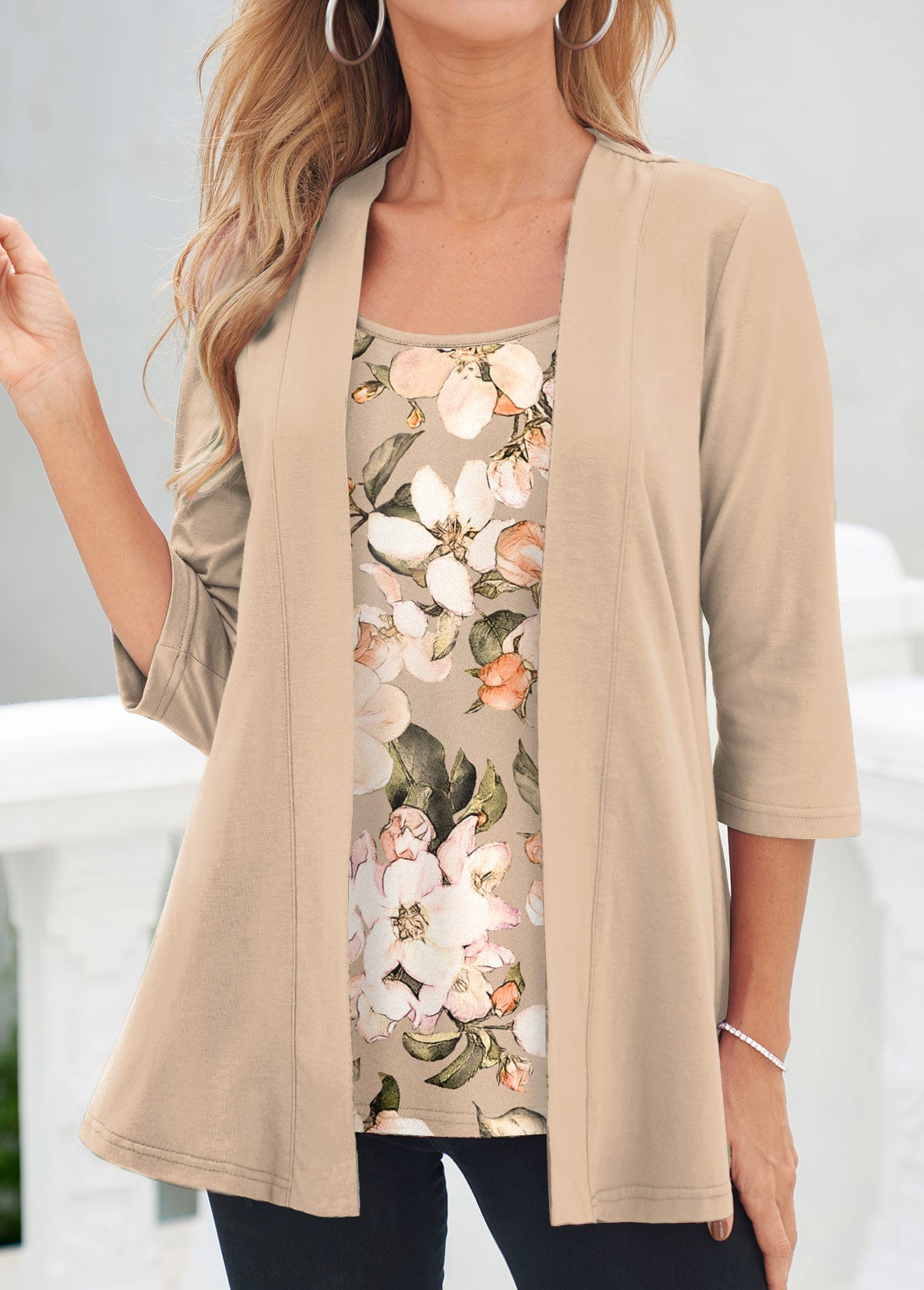 Light Coffee Fake 2in1 Floral Print T Shirt