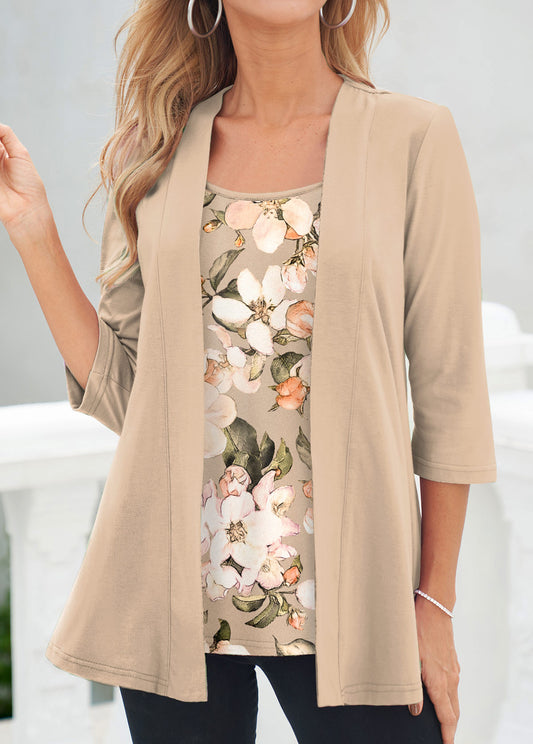 Light Coffee Fake 2in1 Floral Print T Shirt