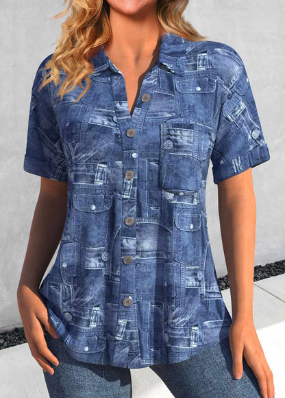 Light Blue Pocket Geometric Print Short Sleeve Blouse