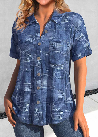 Denim Blue Pocket Short Sleeve Shirt Collar Blouse