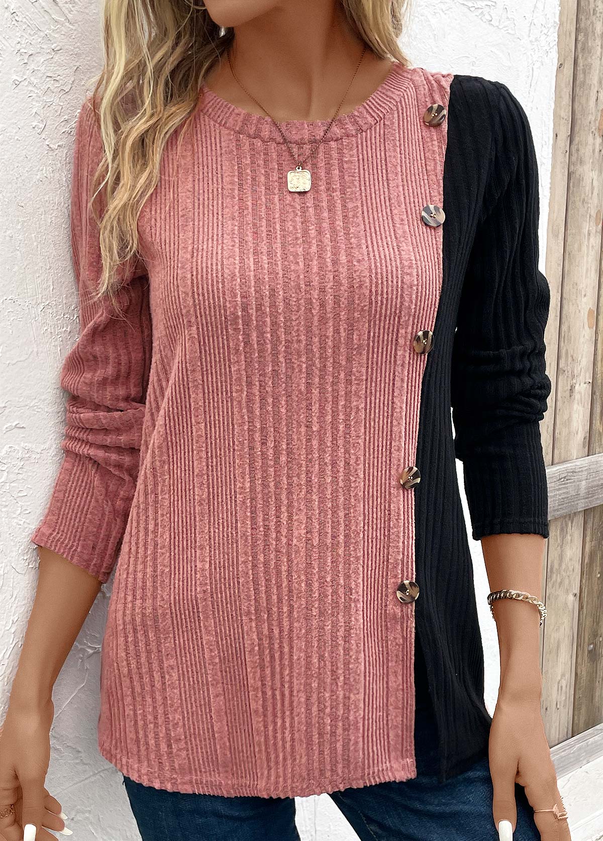 Black Patchwork Long Sleeve Round Neck T Shirt