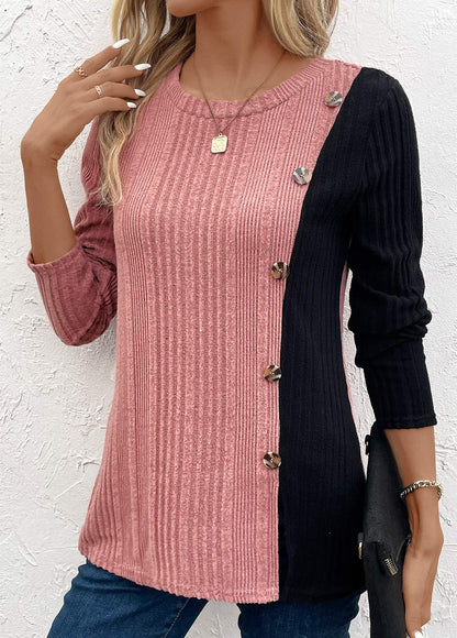 Black Patchwork Long Sleeve Round Neck T Shirt