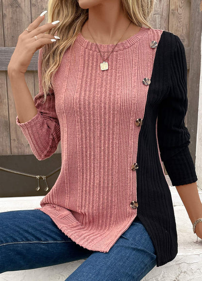 Black Patchwork Long Sleeve Round Neck T Shirt
