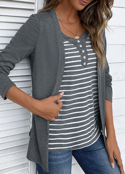 Dark Grey Marl Fake 2in1 Striped T Shirt