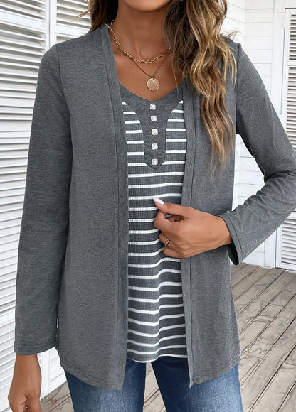 Dark Grey Marl Fake 2in1 Striped T Shirt