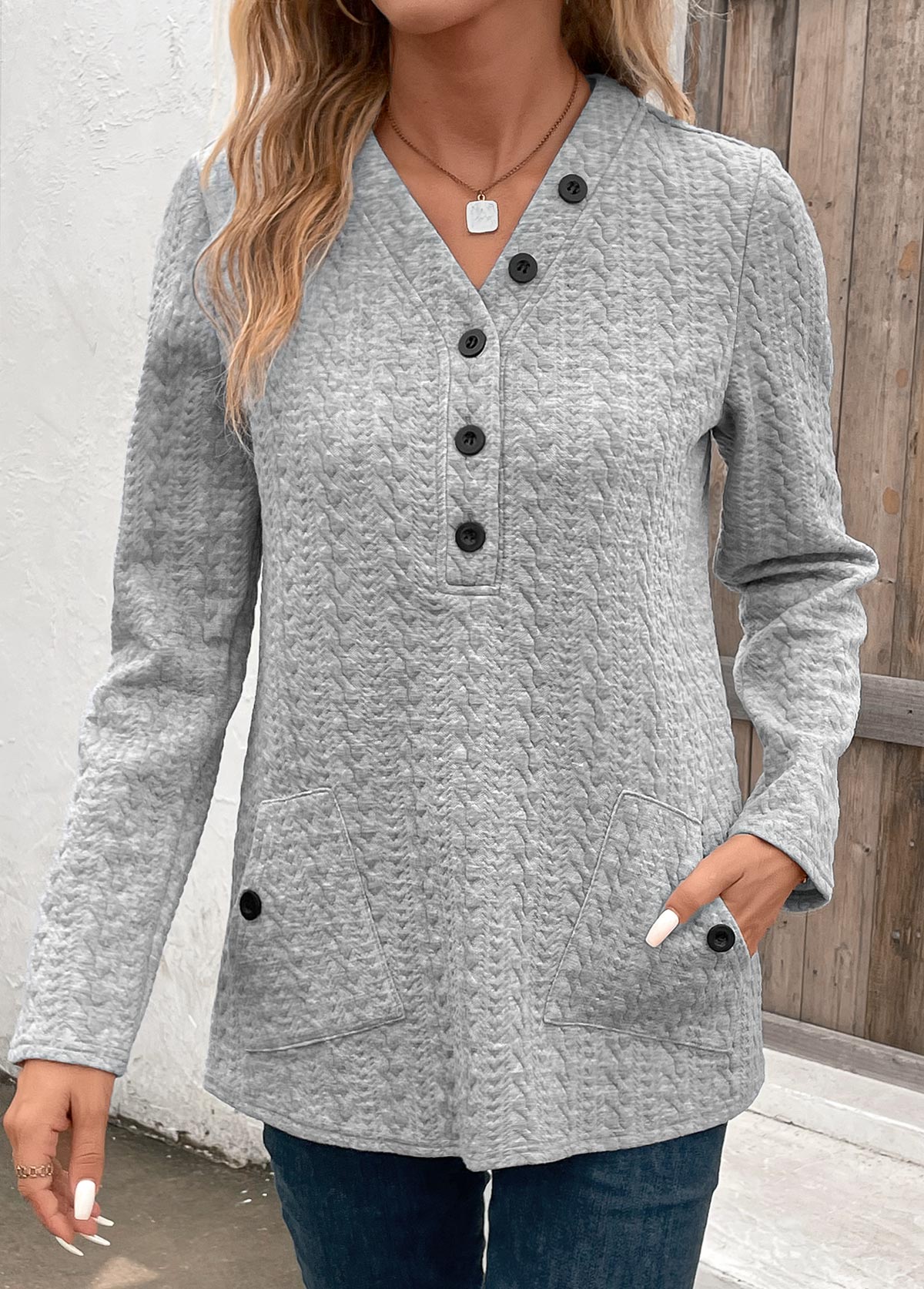 Light Grey Pocket Long Sleeve V Neck Sweatshirt