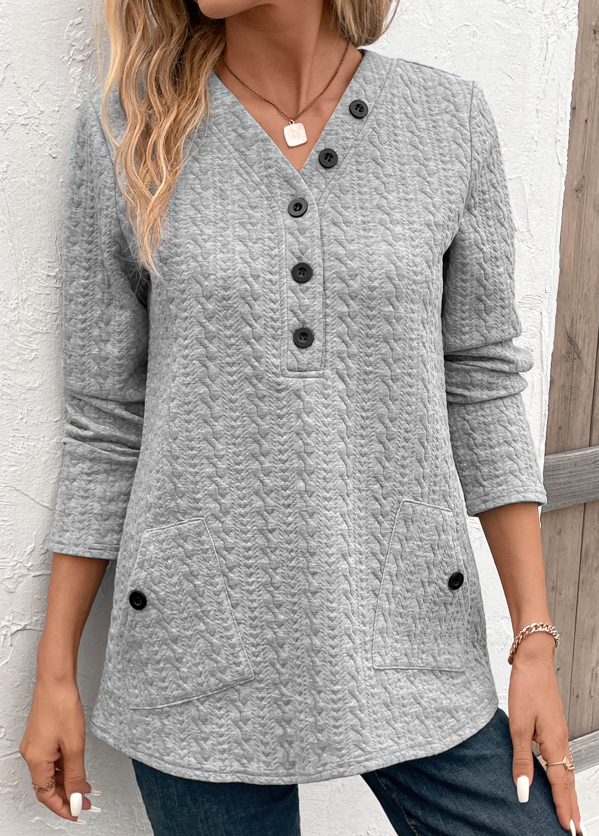 Light Grey Pocket Long Sleeve V Neck Sweatshirt