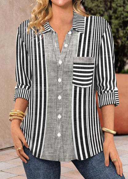 Black Patchwork Striped Long Sleeve Shirt Collar Blouse