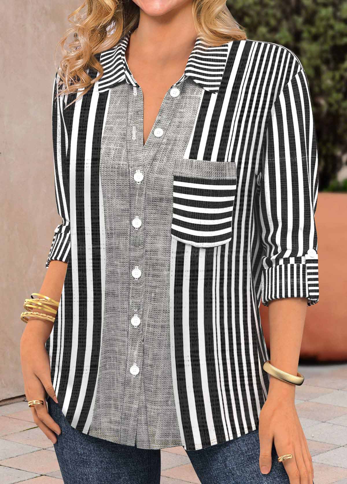 Black Patchwork Striped Long Sleeve Shirt Collar Blouse
