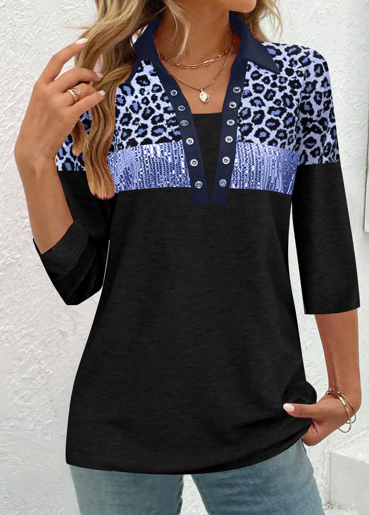 Blue Patchwork Leopard Three Quarter Length Sleeve Blouse