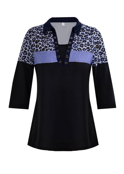 Blue Patchwork Leopard Three Quarter Length Sleeve Blouse