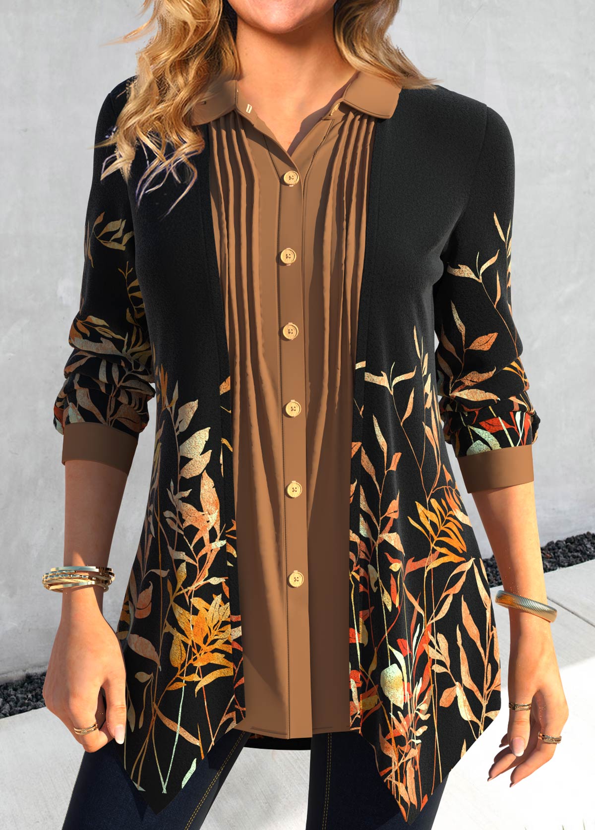 Black Fake 2in1 Leaf Print Long Sleeve Blouse