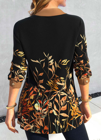 Black Fake 2in1 Leaf Print Long Sleeve Blouse