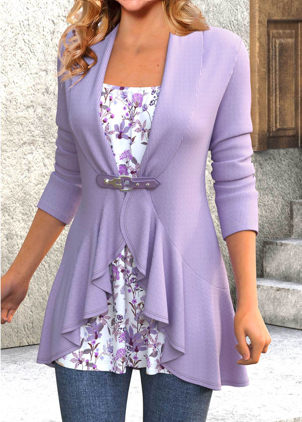 Light Purple Ruffle Floral Print T Shirt