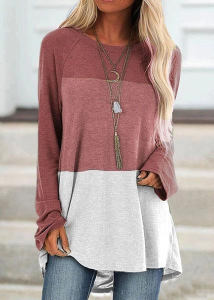 Casual Round Collar Color Block Long Sleeve Tops