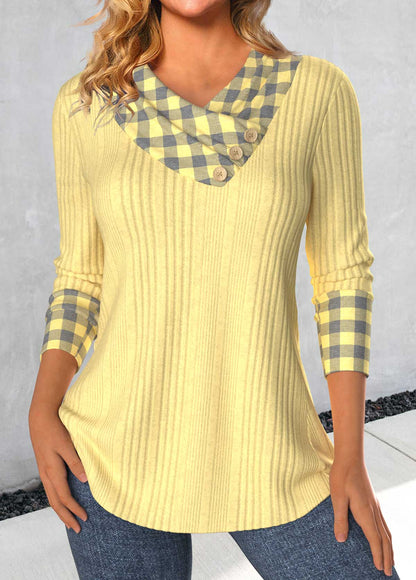 Light Yellow Patchwork Plaid Long Sleeve T Shirt