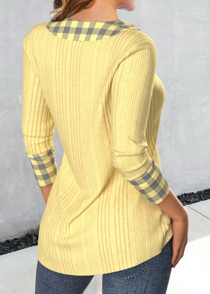 Light Yellow Patchwork Plaid Long Sleeve T Shirt