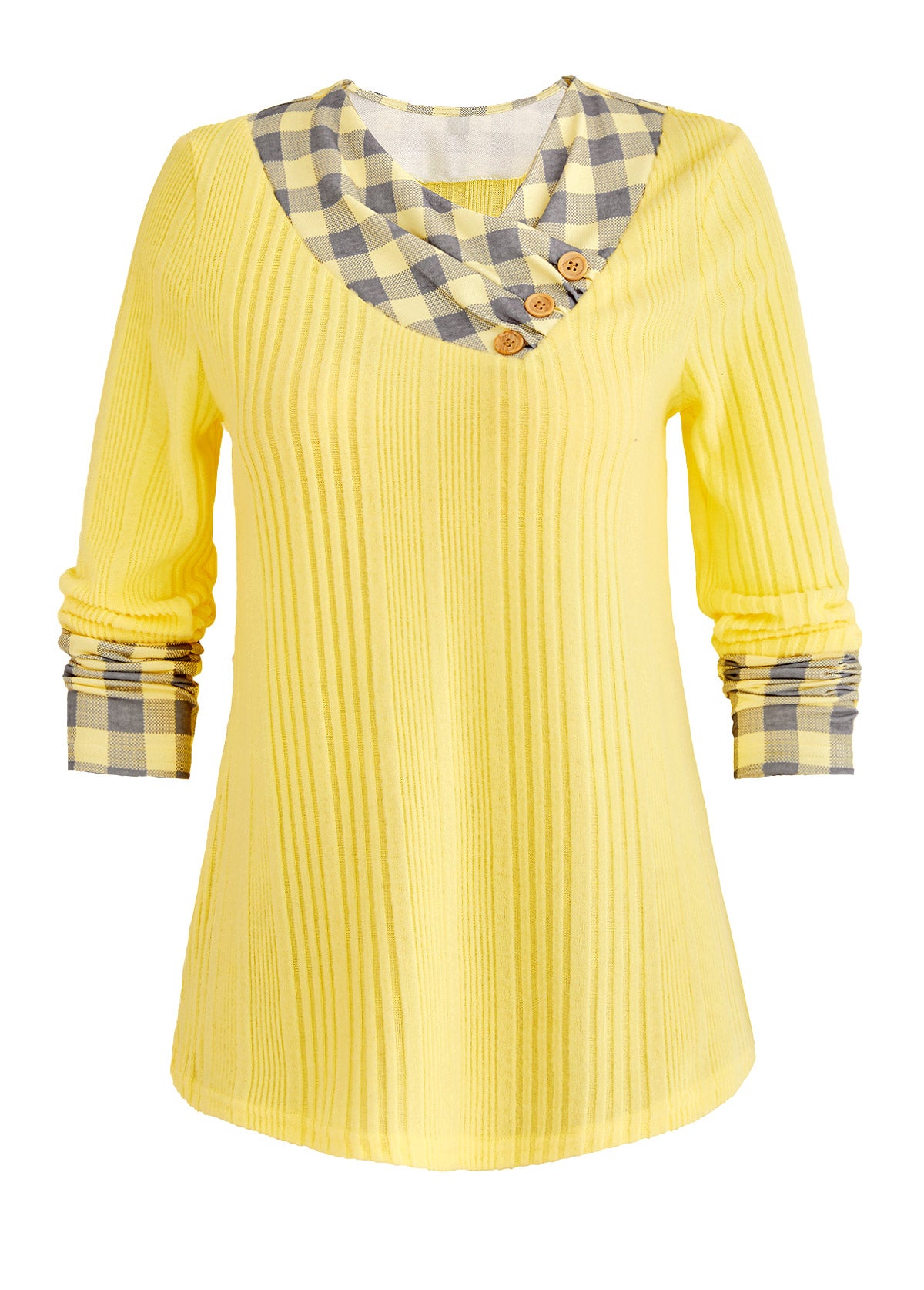 Light Yellow Patchwork Plaid Long Sleeve T Shirt