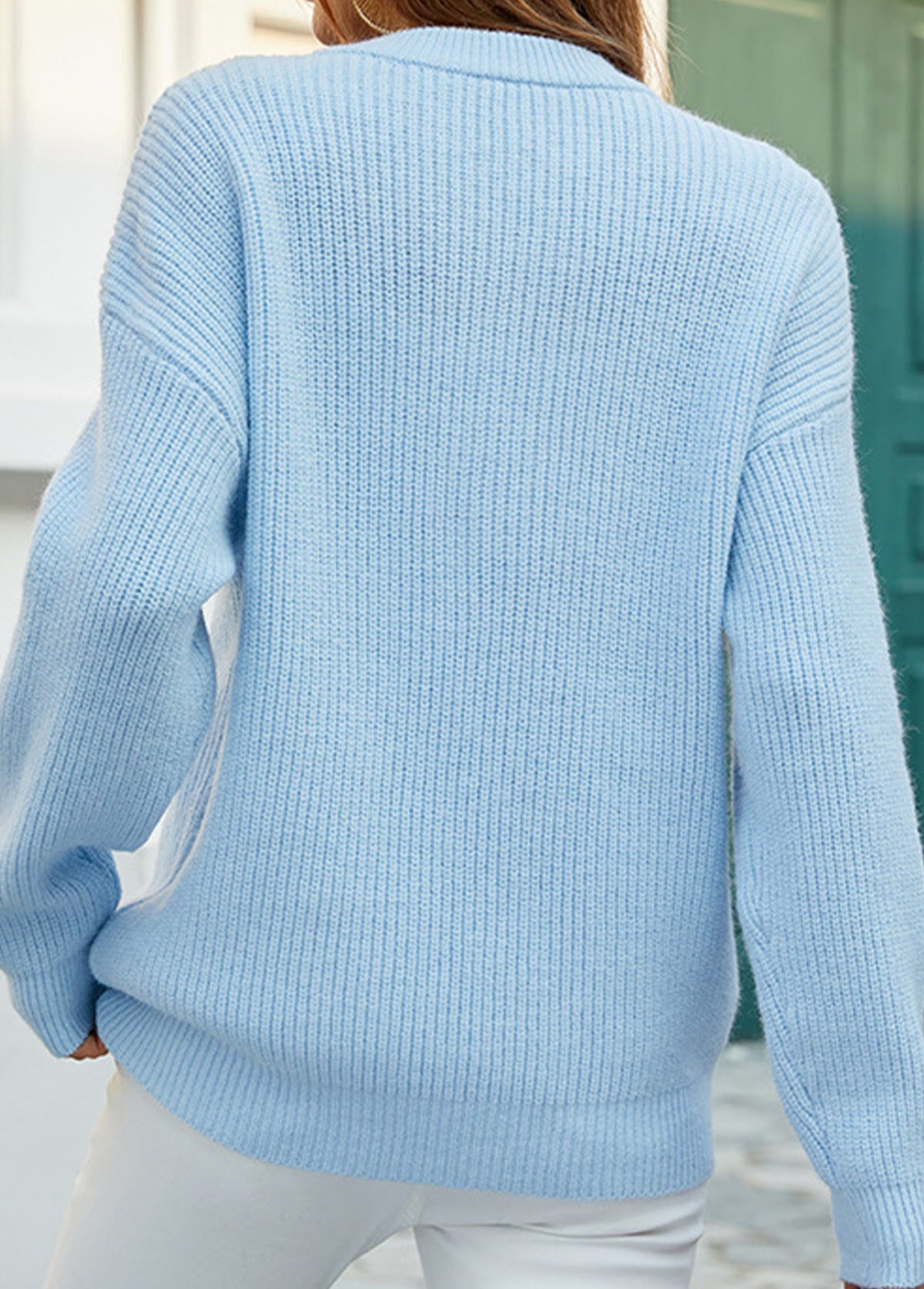 Light Blue Button Long Sleeve Split Neck Sweater