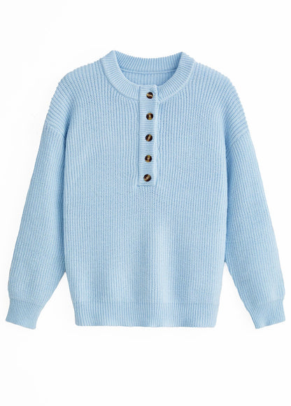 Light Blue Button Long Sleeve Split Neck Sweater