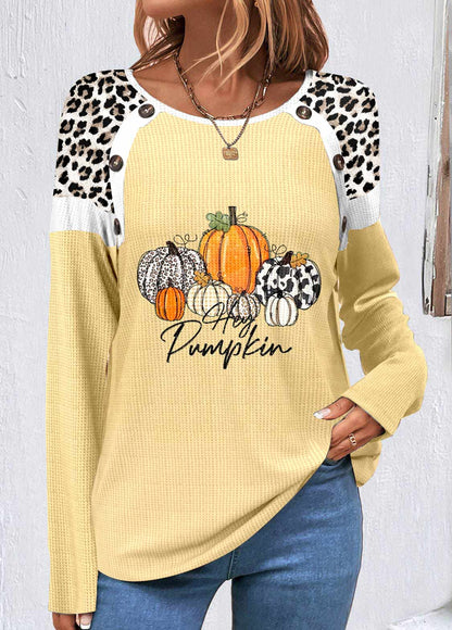 Light Yellow Patchwork Halloween Print Long Sleeve Sweatshirt
