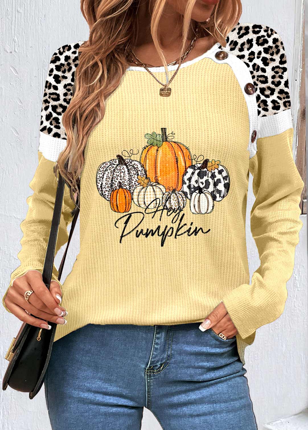 Light Yellow Patchwork Halloween Print Long Sleeve Sweatshirt