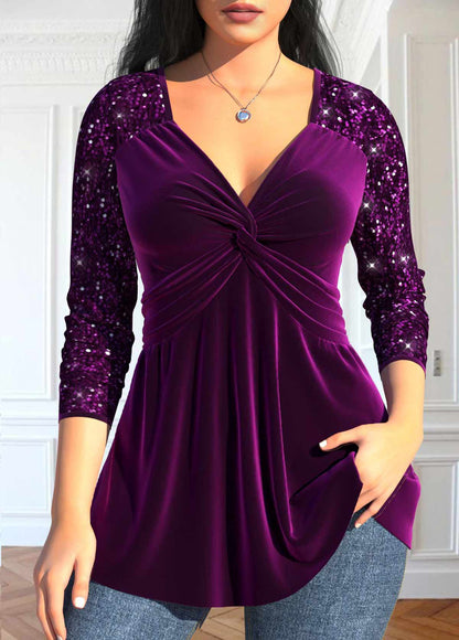 Purple Sequin Long Sleeve V Neck T Shirt