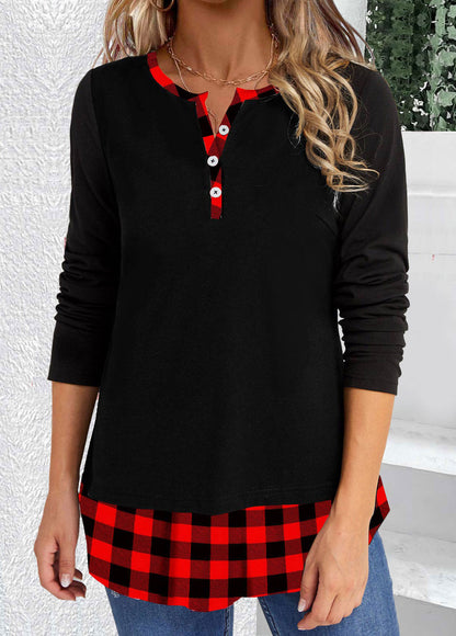 Black Patchwork Plaid Long Sleeve T Shirt