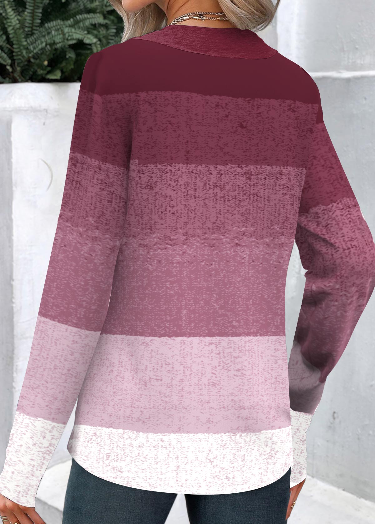 Dark Reddish Purple Button Ombre Long Sleeve Sweatshirt