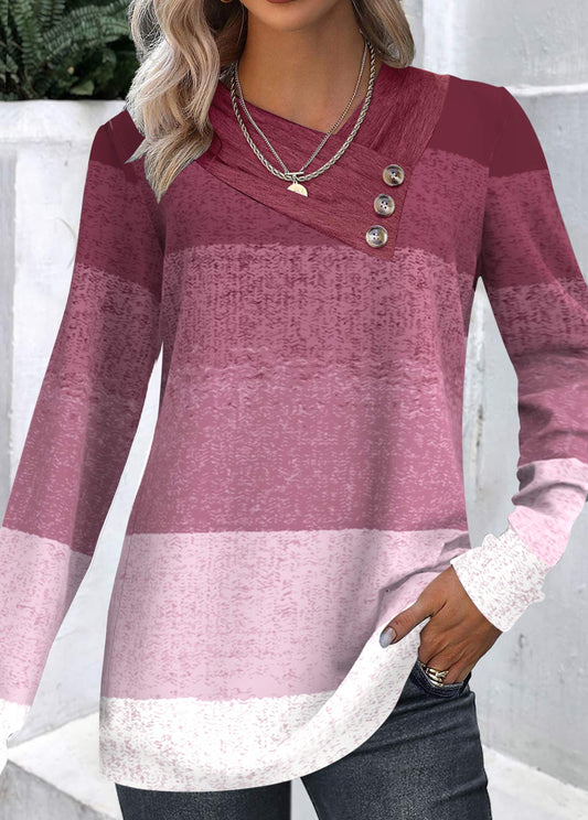 Dark Reddish Purple Button Ombre Long Sleeve Sweatshirt