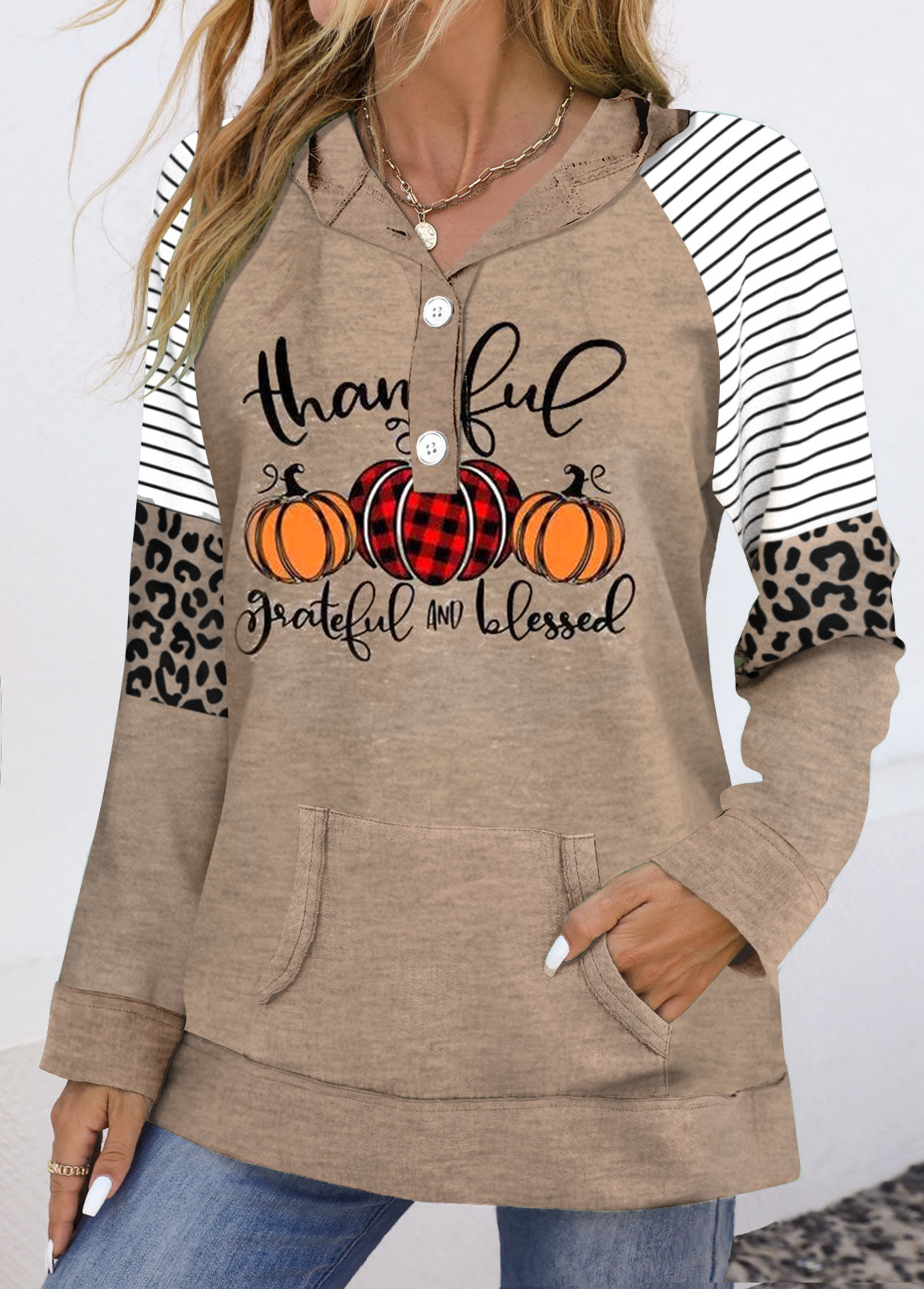 Light Coffee Patchwork Halloween Print Long Sleeve Hoodie