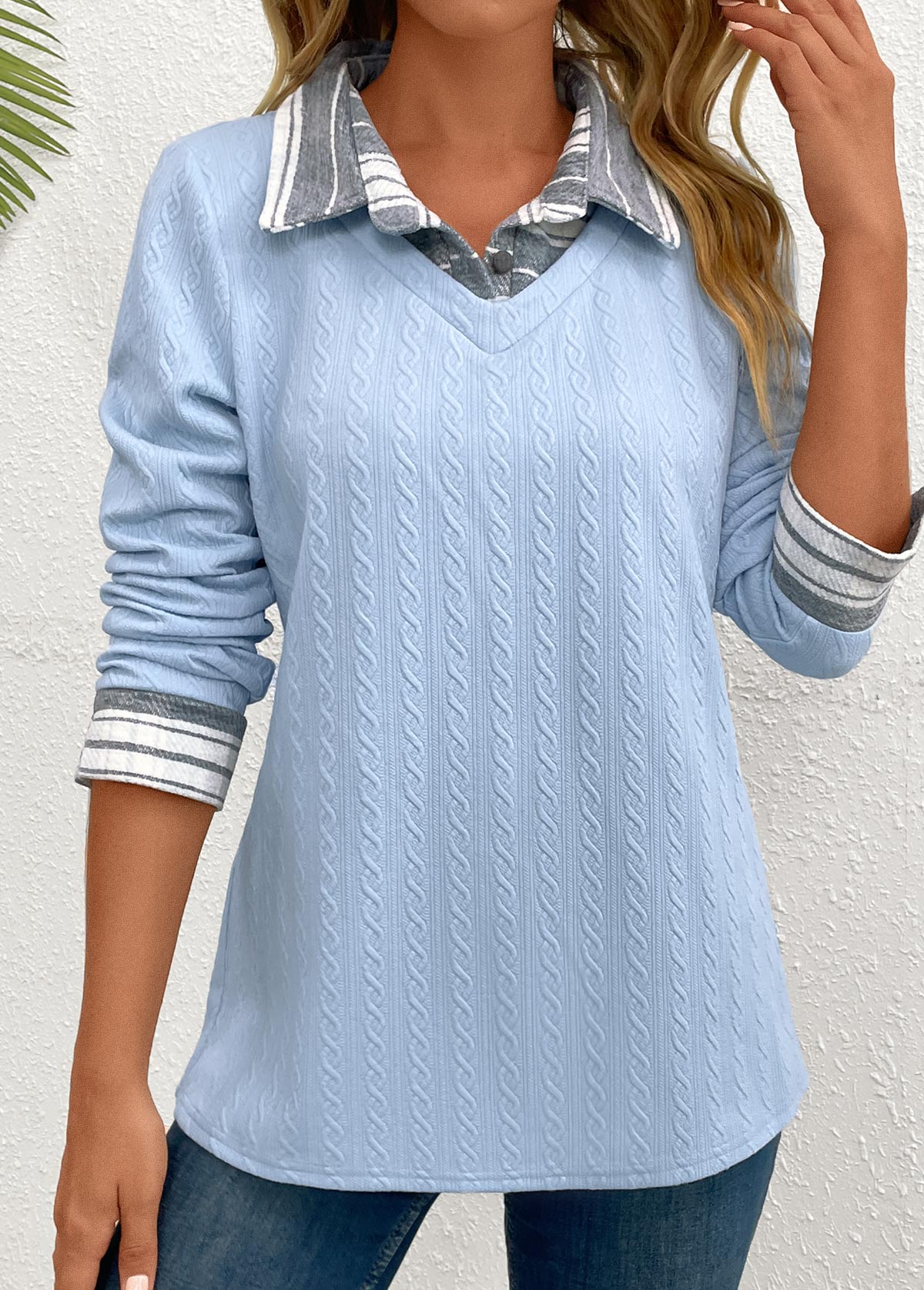 Light Blue Patchwork Long Sleeve Shirt Collar Blouse