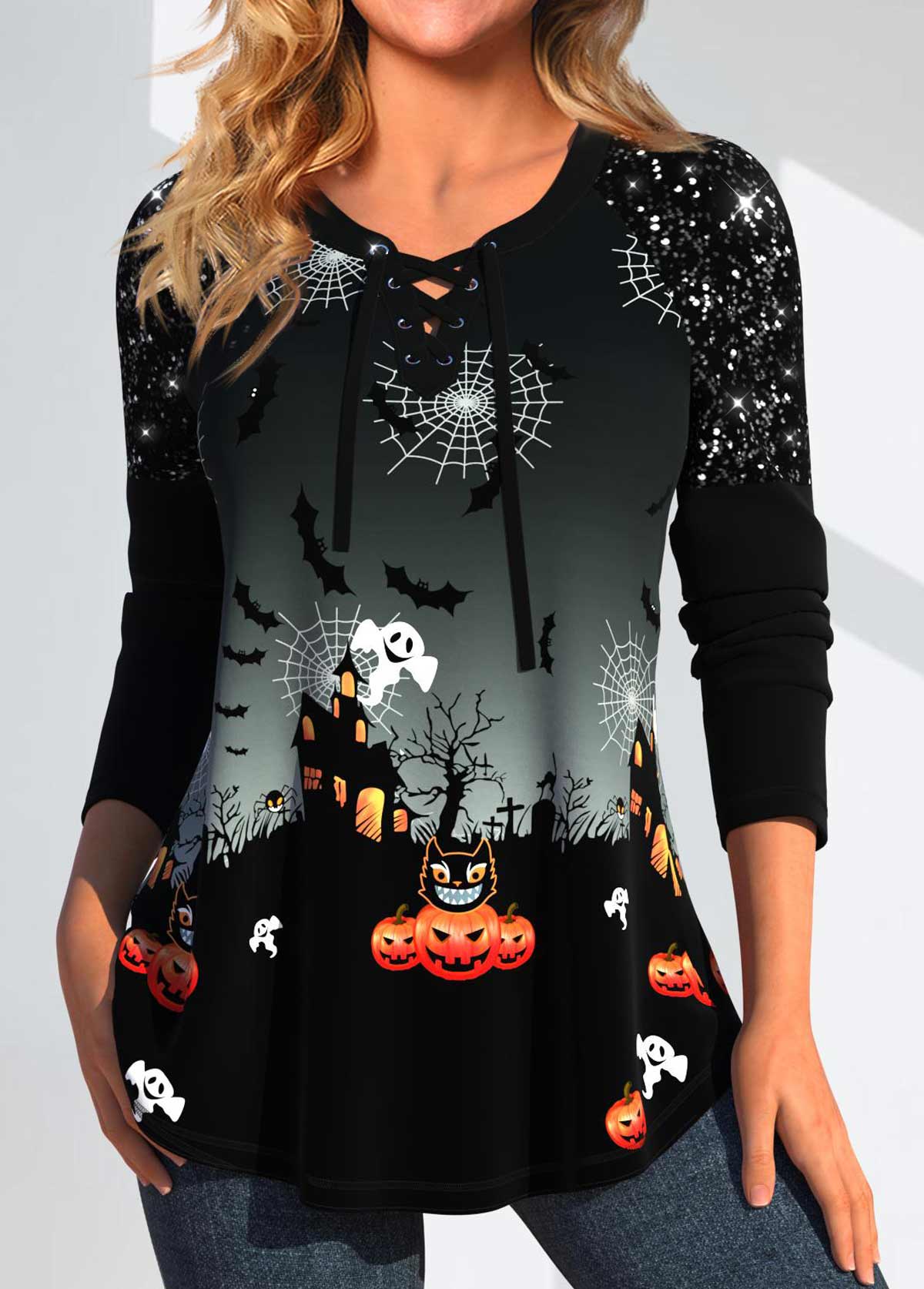 Black Patchwork Halloween Print Long Sleeve T Shirt