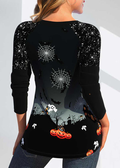 Black Patchwork Halloween Print Long Sleeve T Shirt