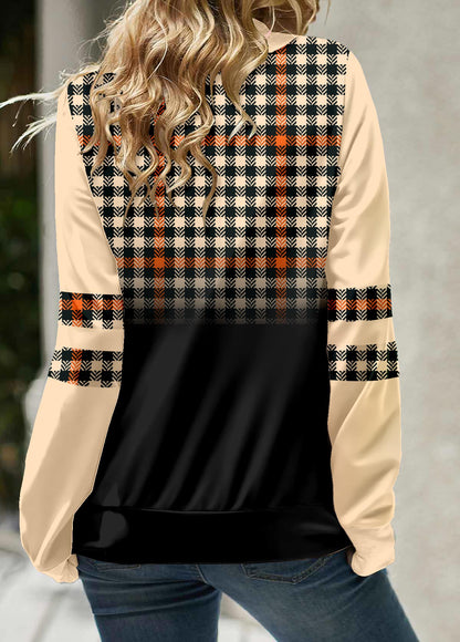 Light Coffee Patchwork Plaid Long Sleeve Sweatshirt