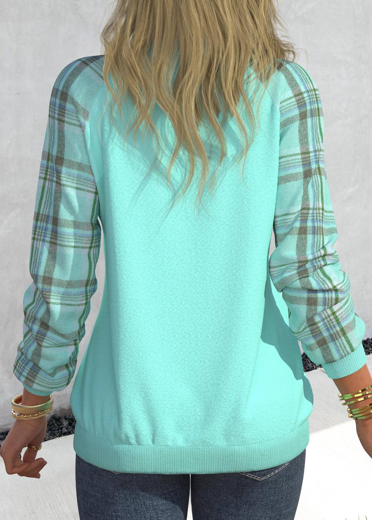Cyan Patchwork Plaid Long Sleeve V Neck Sweatshirt