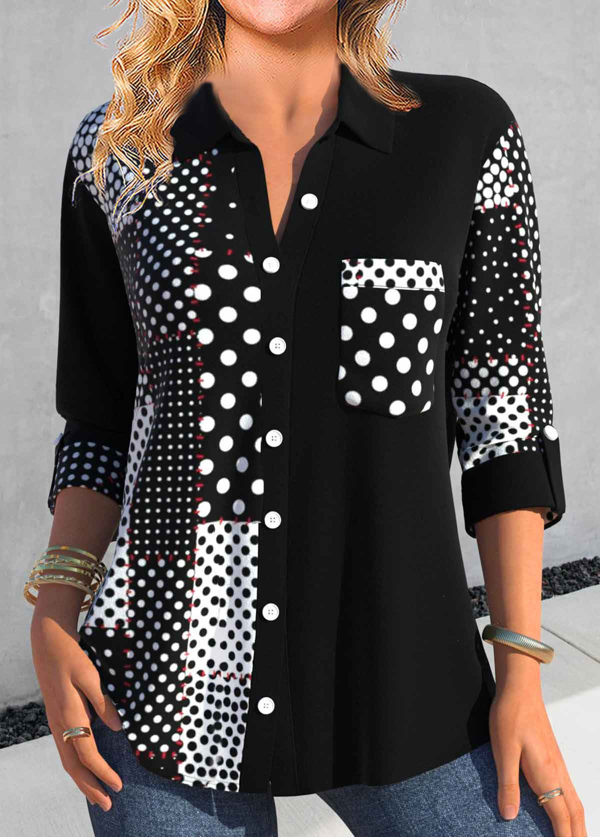 Black Asymmetry Polka Dot Shirt Collar Blouse