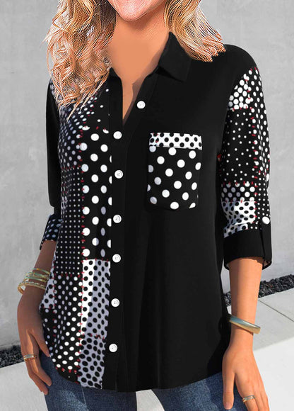 Black Asymmetry Polka Dot Shirt Collar Blouse