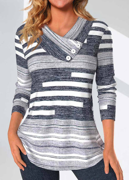 Dark Grey Marl Button Striped Long Sleeve T Shirt