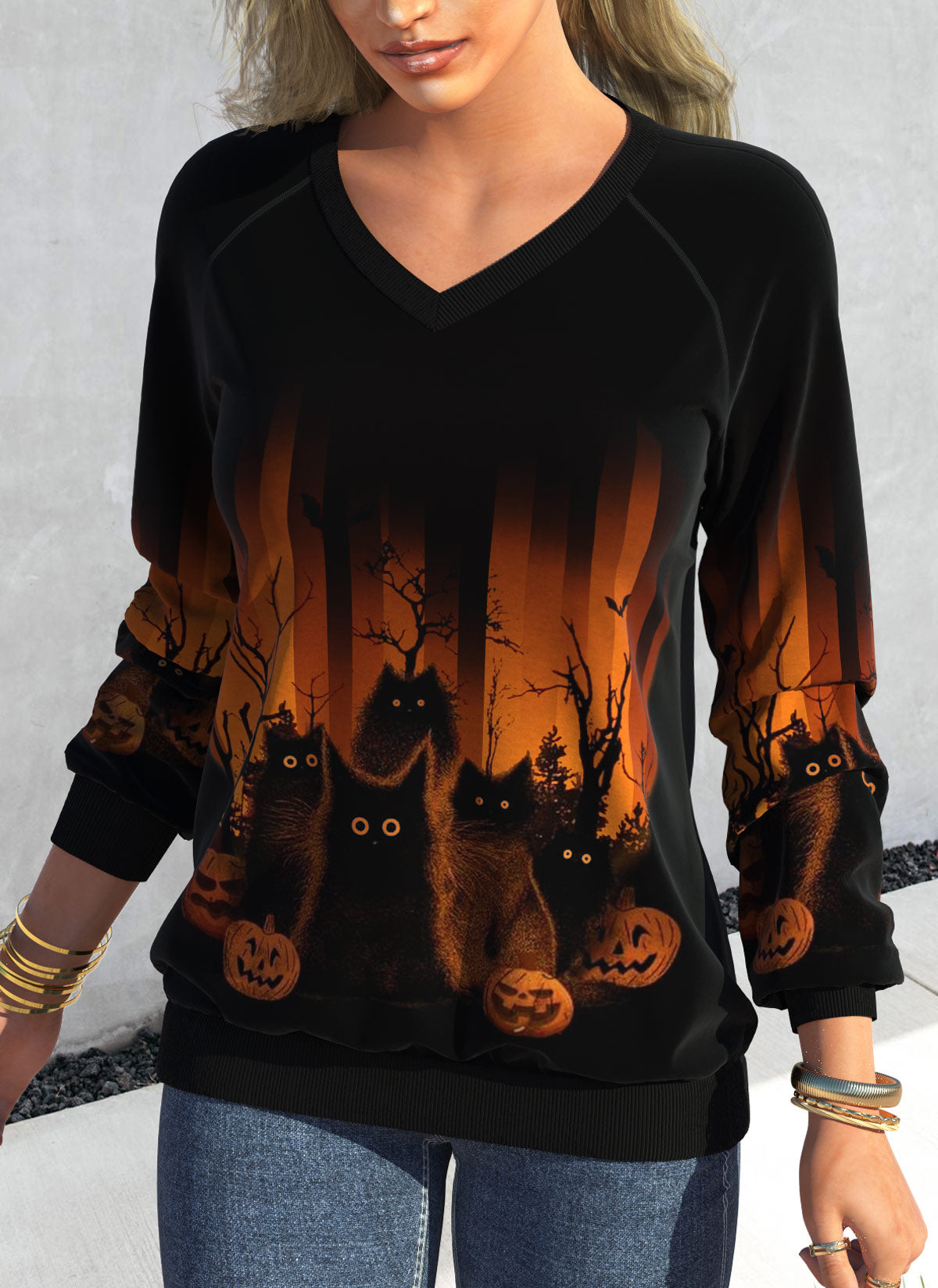 Black Patchwork Halloween Print Long Sleeve V Neck Sweatshirt
